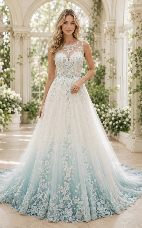 Türkisfarbenes, romantisches Brautkleid in A-Linie mit V-Ausschnitt, Spitzenärmeln und floralem Muster