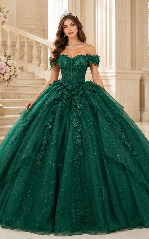 Emerald Off-the-shoulder Sweetheart Lace Tulle Ball Gown Quinceanera Formal Dress