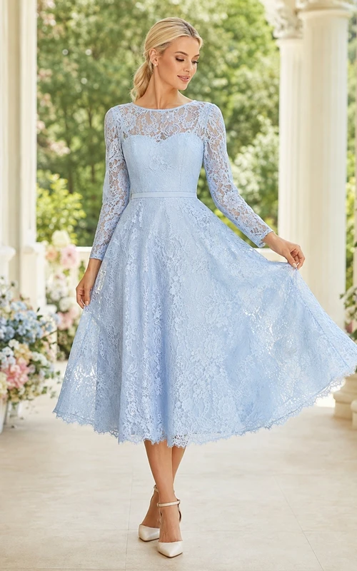 Himmelblaues, hochgeschlossenes, langärmeliges Spitzenkleid in Teelänge, A-Linie