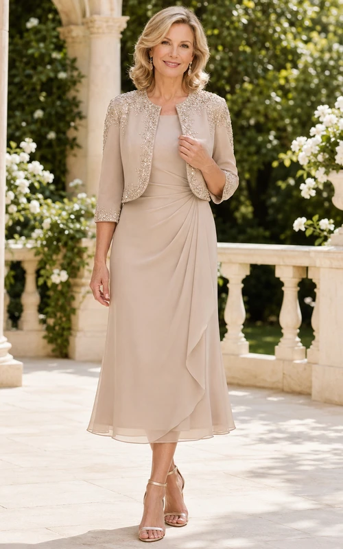 Champagnerfarbenes, elegantes, romantisches, verziertes, kurzes Bolerokleid aus gerafftem Chiffon in Teelänge – das perfekte Kleid für die Mutter der Braut