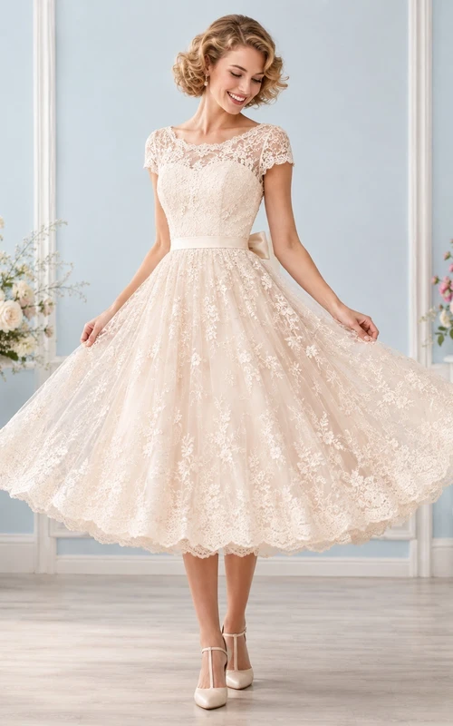 Romantisches Vintage-Brautkleid mit Teelänge, U-Boot-Ausschnitt, kurzen Ärmeln, Spitze, A-Linie und Schleife