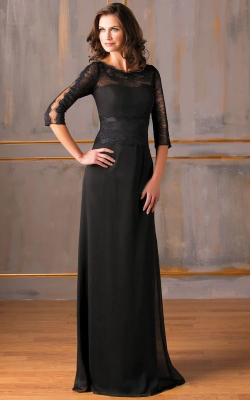 Langes Chiffonkleid für die Mutter der Braut mit 3-4 Ärmeln, Spitze und Schleppe