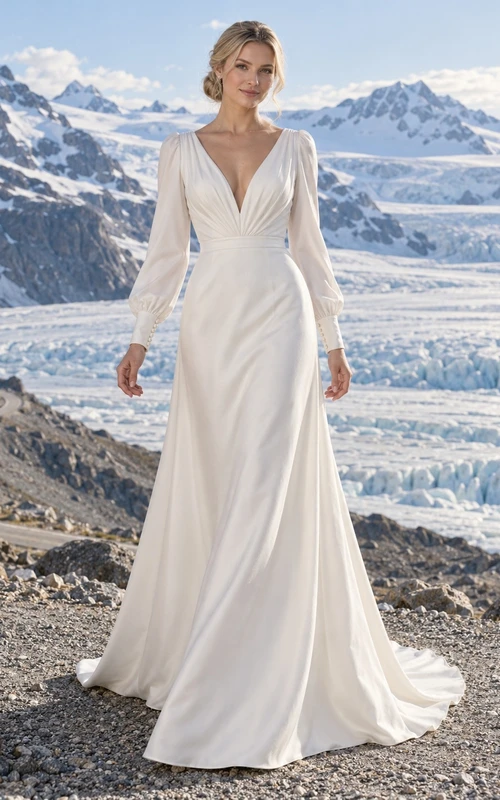 Sencillo vestido de novia de sirena de satén de algodón con cuello en V, mangas largas, puños abotonados y cola.