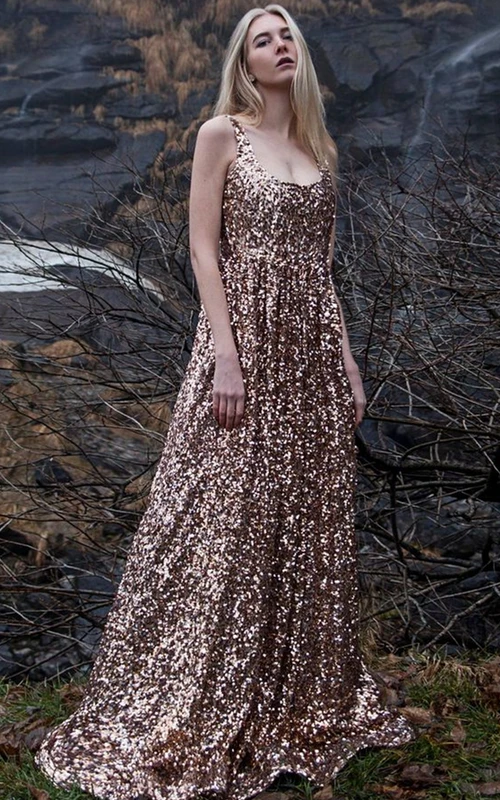Robe de soirée moderne à sequins et col carré, coupe trapèze