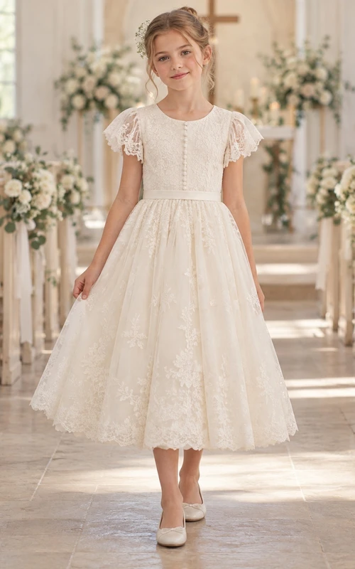 Vestido de niña de flores vintage de corte A con encaje floral color marfil, mangas con volantes y botones delanteros, largo hasta la rodilla.