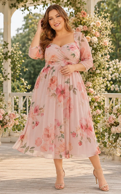 Vestido de fiesta de talla grande color rosa empolvado con escote en V, manga tres cuartos y estampado floral de gasa.