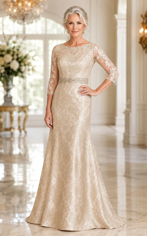 MOB-Kleid Champagnerfarbene Spitze Meerjungfrauen-Stil 3/4-Ärmel Rundhalsausschnitt Bodenlang Perlenbesetzt