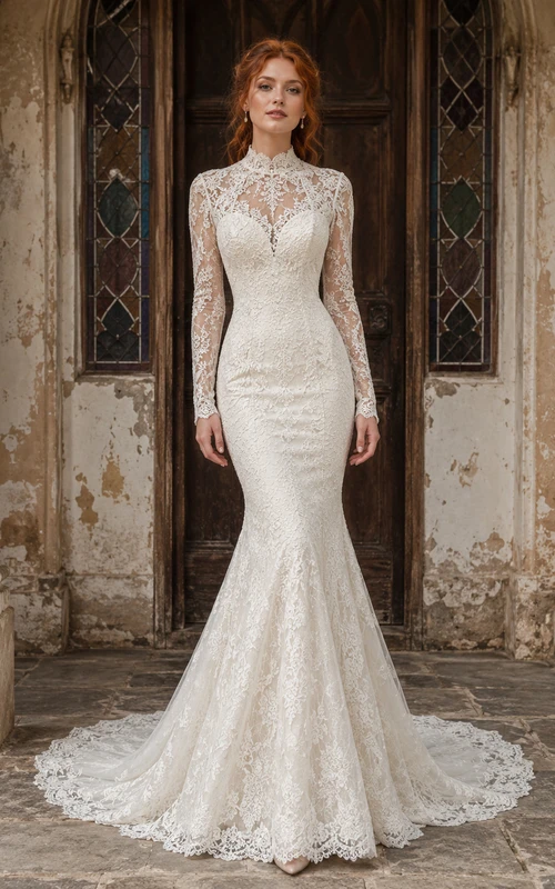 Brautkleid im Meerjungfrauenstil mit hohem Kragen, langen Ärmeln und Vintage-Spitze