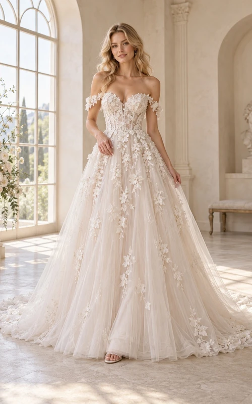 Schulterfreies 3D-Blumenapplikationen-Tüll-Ballkleid für Hochzeiten