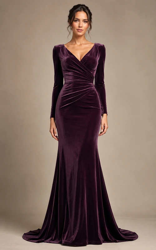 Robe de soirée sirène à manches longues en velours prune