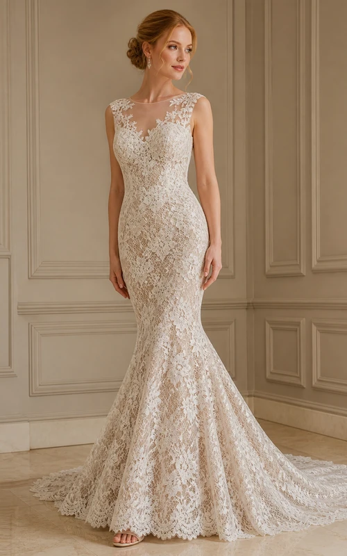 Vestido de novia de encaje con escote en V profundo y cola de capilla, estilo sirena sexy.