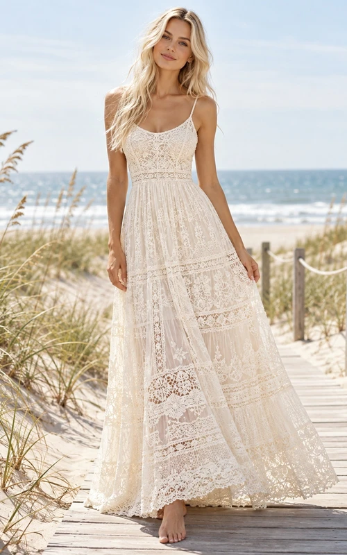 Robe longue bohème à bretelles spaghetti et col rond en dentelle ajourée