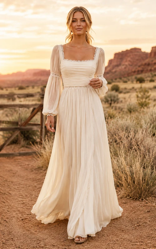 Robe de mariée bohème western en mousseline, coupe trapèze, col carré, manches longues, style champêtre