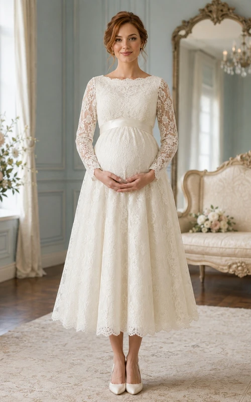 Vestido de novia de corte A, largo midi, manga larga, encaje ilusión y escote joya