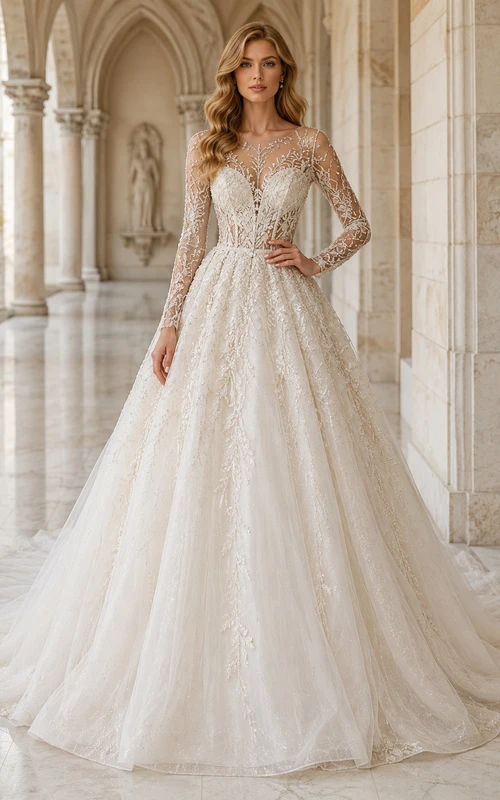 Robe de mariée champêtre en tulle et dentelle scintillante, col V, manches longues, coupe trapèze, traîne chapelle, ornée d'appliqués floraux.