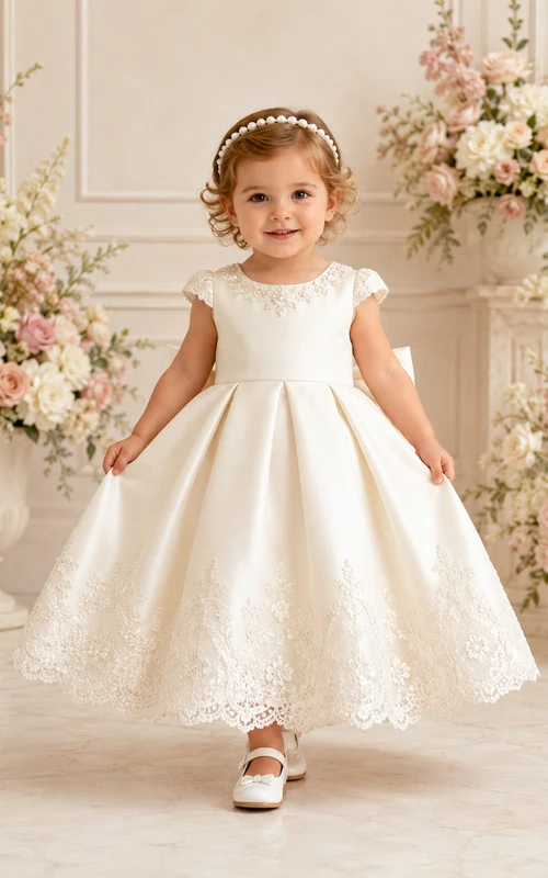 Luxuriöses, ärmelloses A-Linien-Taufkleid mit Spitzensaum, knielang