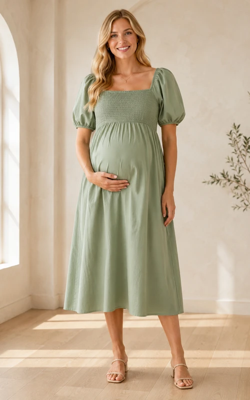 Vestido de jardín de manga abullonada y cuello cuadrado estilo imperio de Sage Maternity