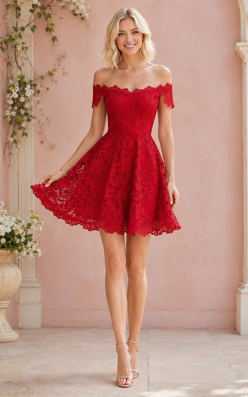 Leuchtend rotes Cocktailkleid aus Spitze mit kurzen, geschwungenen Ärmeln und ausgestelltem Rock