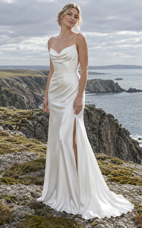 Vestido de novia sencillo de charmeuse con escote drapeado, tirantes finos y abertura lateral.