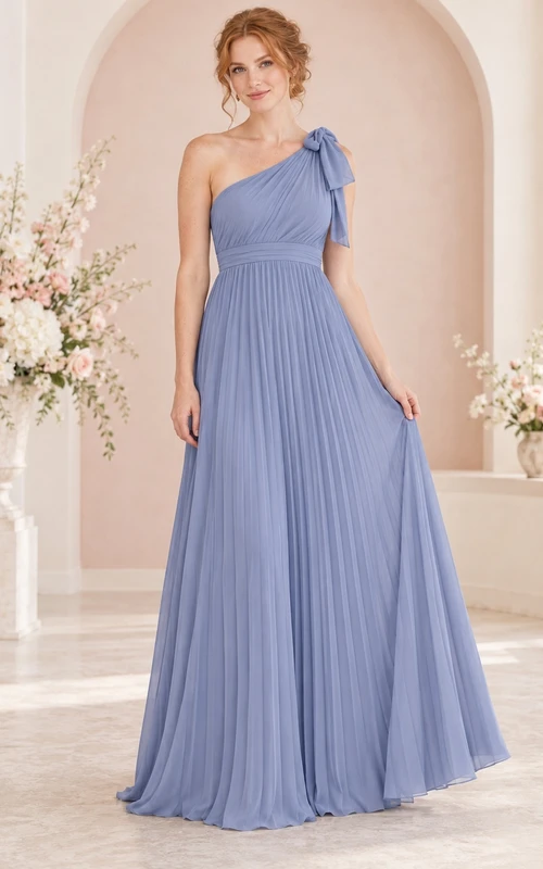 Vestido de dama de honor largo hasta el suelo, de gasa color bígaro, con un solo hombro, lazo y corte imperio.
