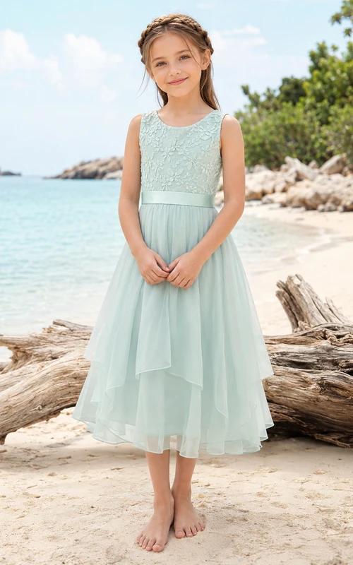 A-Line Flowergirl Lace Chiffon Floor-Length Sleeveless Beach Wedding Dress with Pleated Skirt