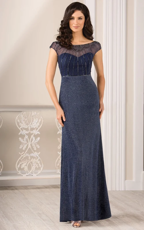 Cap-Sleeved Long Gown With Beadings And V-Back