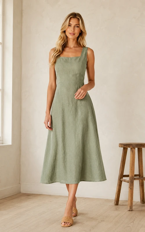 Celadonfarbenes, eckiges Trägerkleid aus Baumwolle mit Ziernähten, lässiges A-Linien-Kleid für den Teegarten