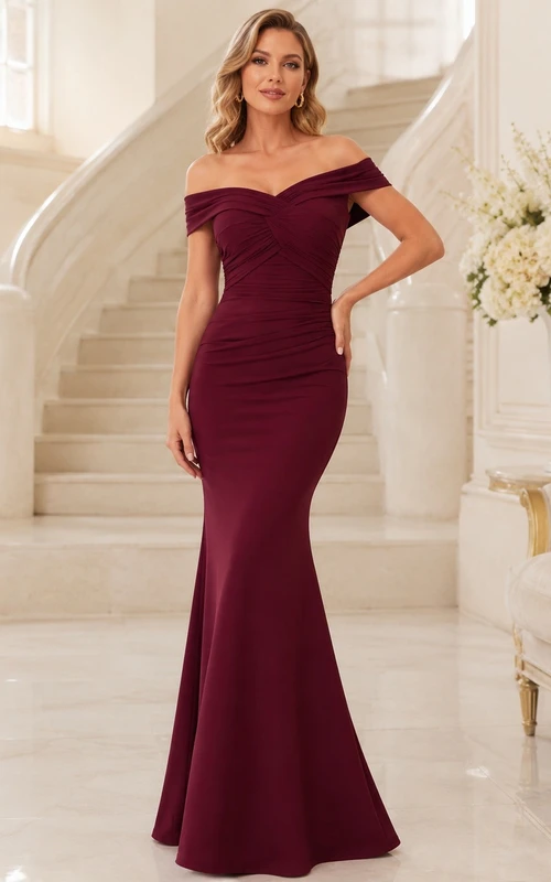 Vestido formal largo hasta el suelo, de manga corta, estilo sirena, con hombros descubiertos, color granate, jersey.