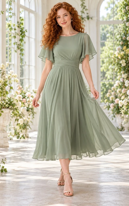 Tea-length Simple Sage Bateau Flutter Sleeve Pleated Wedding Guest Dress