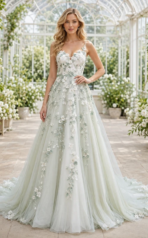 Robe de mariée bohème céladon, coupe trapèze, col en V, sans manches, traîne chapelle, romantique et élégante