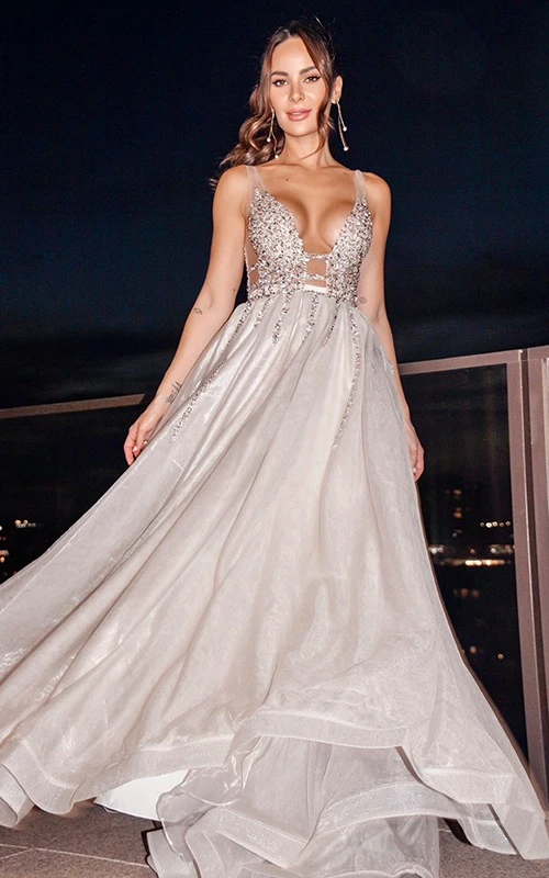 Robe de bal argentée sexy sans manches, style empire, dos nu en V et haut orné de perles