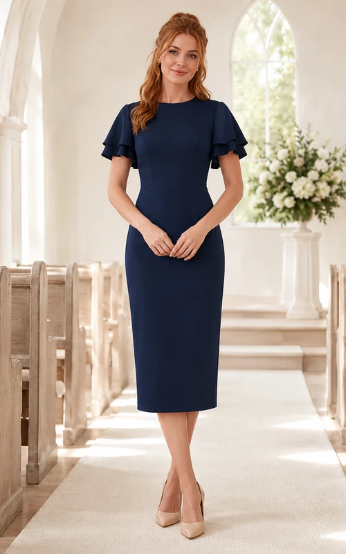 Navy Flutter Sleeve Sheath Modest Church Midi Dress