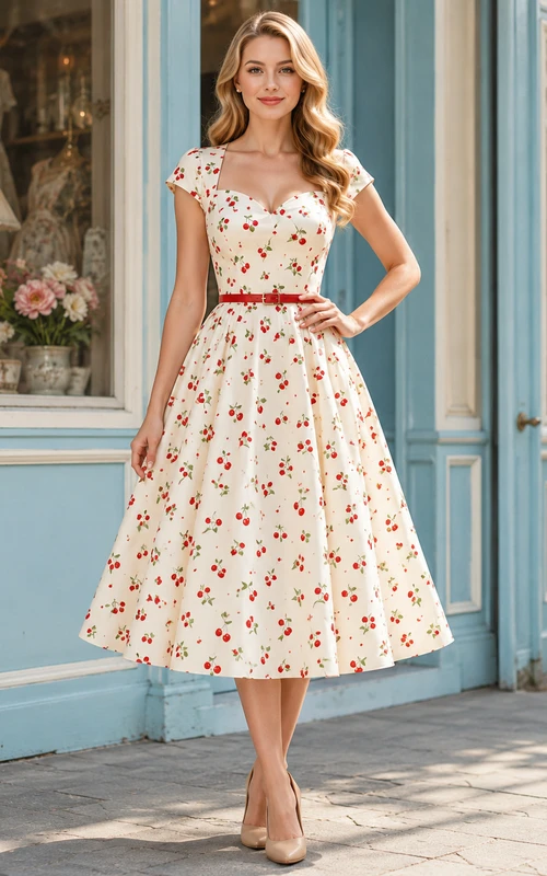 Vestido de té vintage con estampado de cerezas blancas, escote corazón cuadrado, mangas cortas y cinturón.