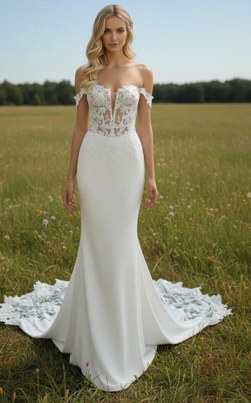 Robe de mariée fourreau bohème à épaules dénudées et traîne courte