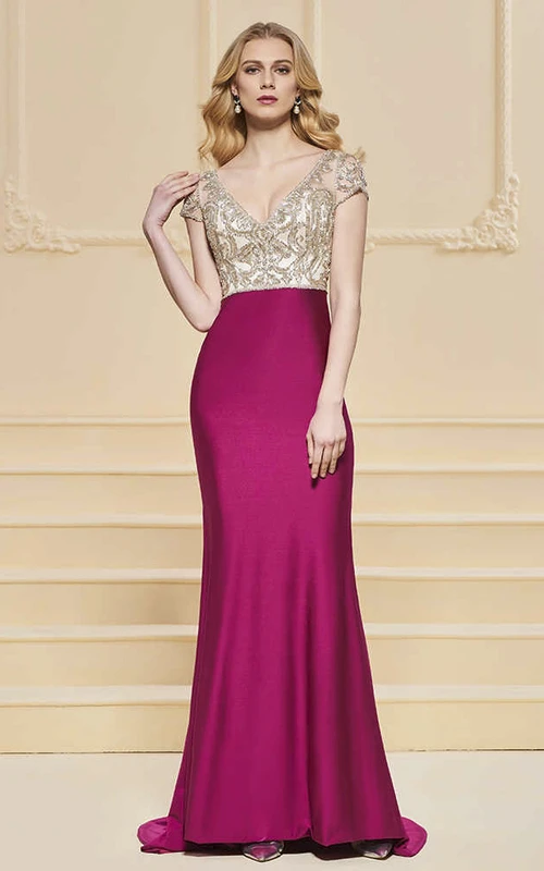 Robe fourreau sexy en satin bicolore à perles et décolleté plongeant illusion