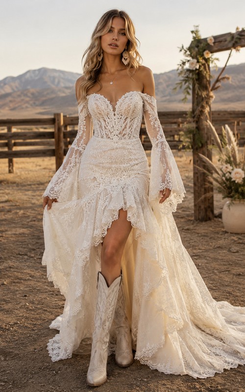 high low bridal dress Western Vintage Country Mermaid Wedding Off Shoulder Sweetheart Tulle Lace Applique High-Low Chapel Train Ivory Size:pxl (16P/18P) barrocco Baby Girl Light Blue Bride High Low Country Wedding