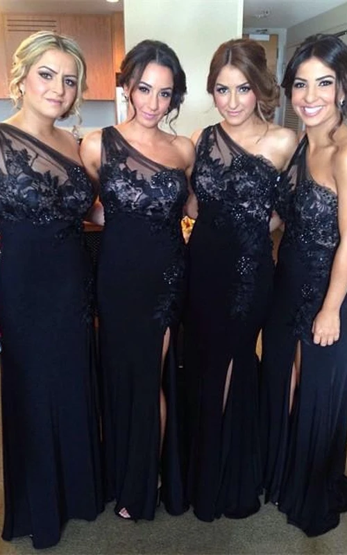 Modern One Shoulder Lace Jersey Blue Bridesmaid Dress Front Split