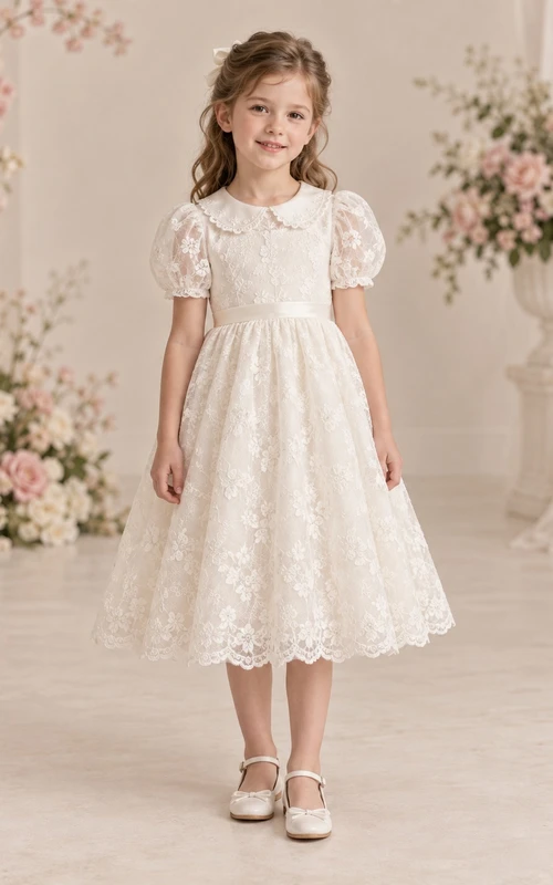 Vestido de niña de flores de corte A, estilo vintage, modesto, color marfil, con estampado floral y encaje, cuello Peter Pan, hasta la rodilla.
