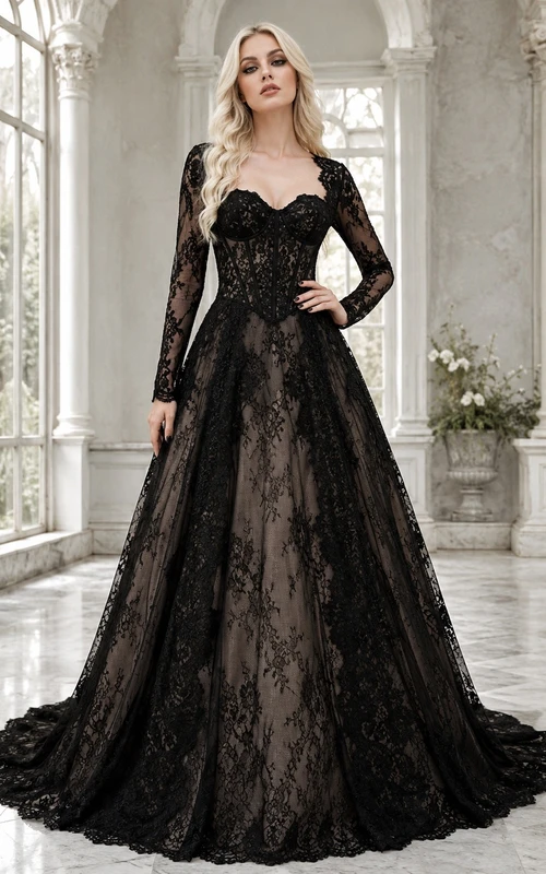 Vestido de novia negro de manga larga, corte A, encaje y largo hasta el suelo