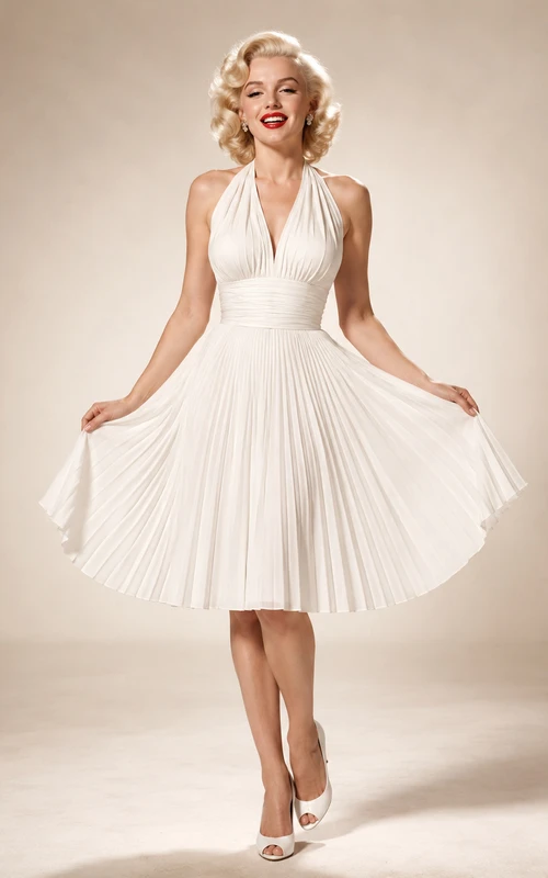 Retro Halter Pleated Tea Length Hollywood Bridal Dress