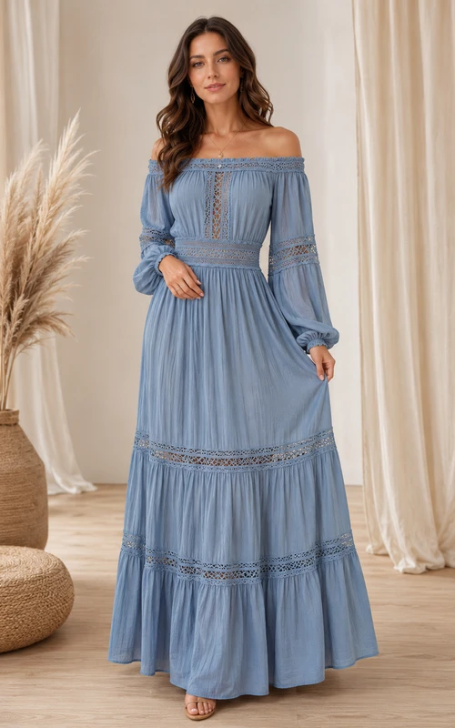 Vestido de gasa bohemio de manga larga con escote Bardot, corte en A y largo hasta el suelo, color azul acero, de la marca Horizon Drift.