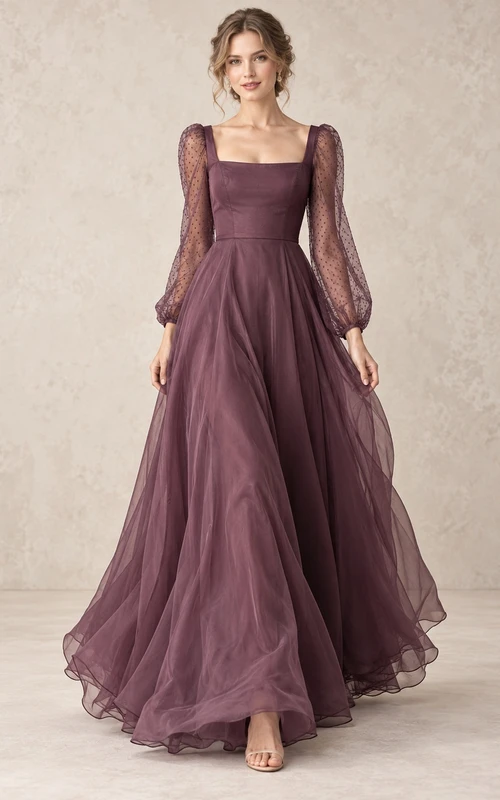 Long Sleeve Square Neck Plum Dotted Bishop Organza Formal Dress