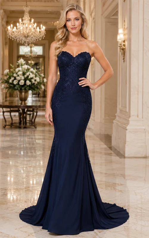 Dark Navy Sweetheart Lace Illusion Back Mermaid Gown