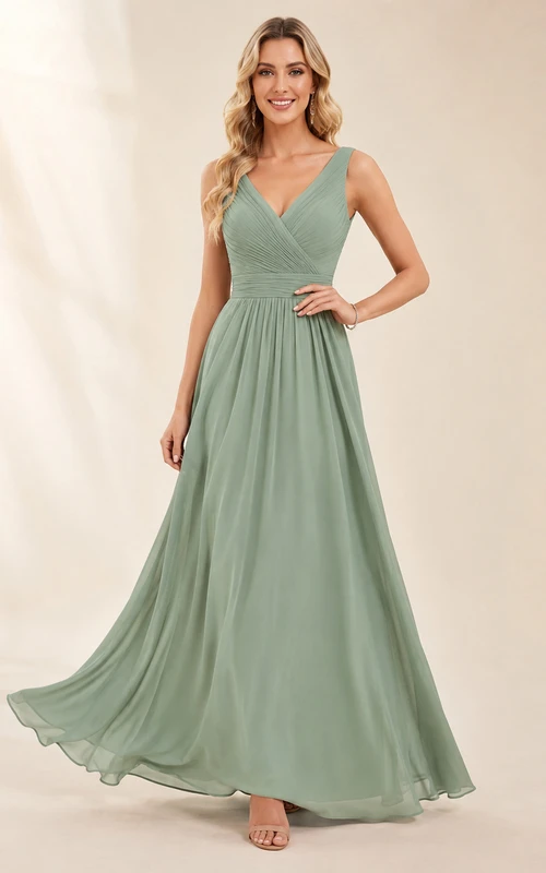 Robe de demoiselle d'honneur élégante en mousseline de soie céladon, col en V, sans manches, coupe trapèze, longueur au sol, style jardin