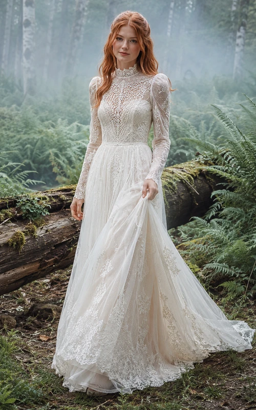 Hochgeschlossenes Boho-Hochzeitskleid mit Spitzenärmeln im Waldstil