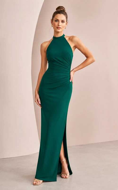 Emerald Green Satin High Neck Ruched Sheath Slit Formal Dress