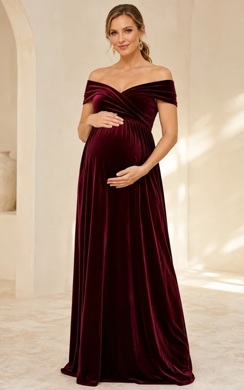 Burgundy Velvet Off-the-shoulder Short Sleeve Empire Maternity Gown