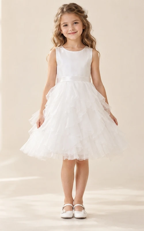 Short White Sleeveless Scoop Satin Waistband Cascading Ruffle Tulle A-Line Flowergirl Dress