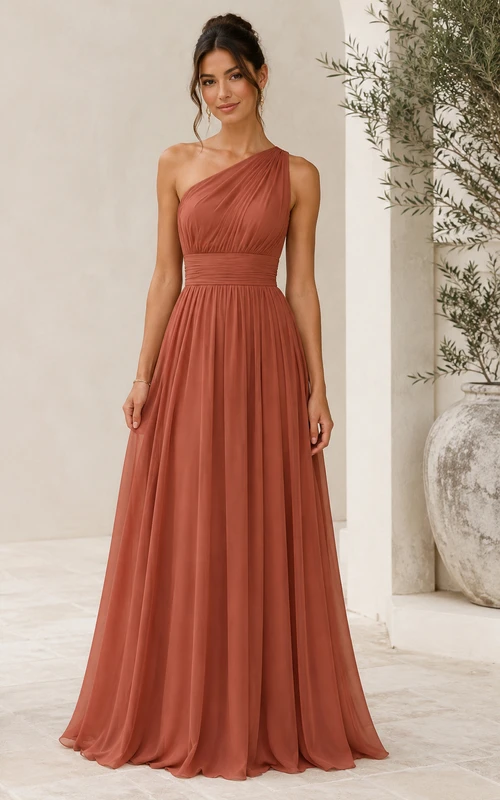 Vestido de dama de honor de gasa de un solo hombro y corte en A color papaya