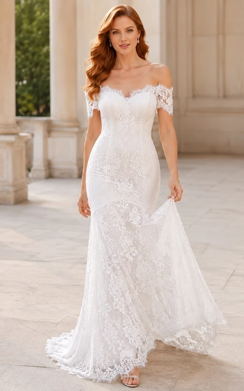 Brautkleid im Meerjungfrauenstil mit schulterfreiem Spitzenbezug, kurzen Ärmeln und bodenlanger Silhouette